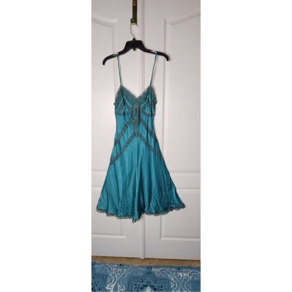 Vintage Turquoise Teal Silk Beaded Halter Slip Dress Size Medium - Picture 7 of 7